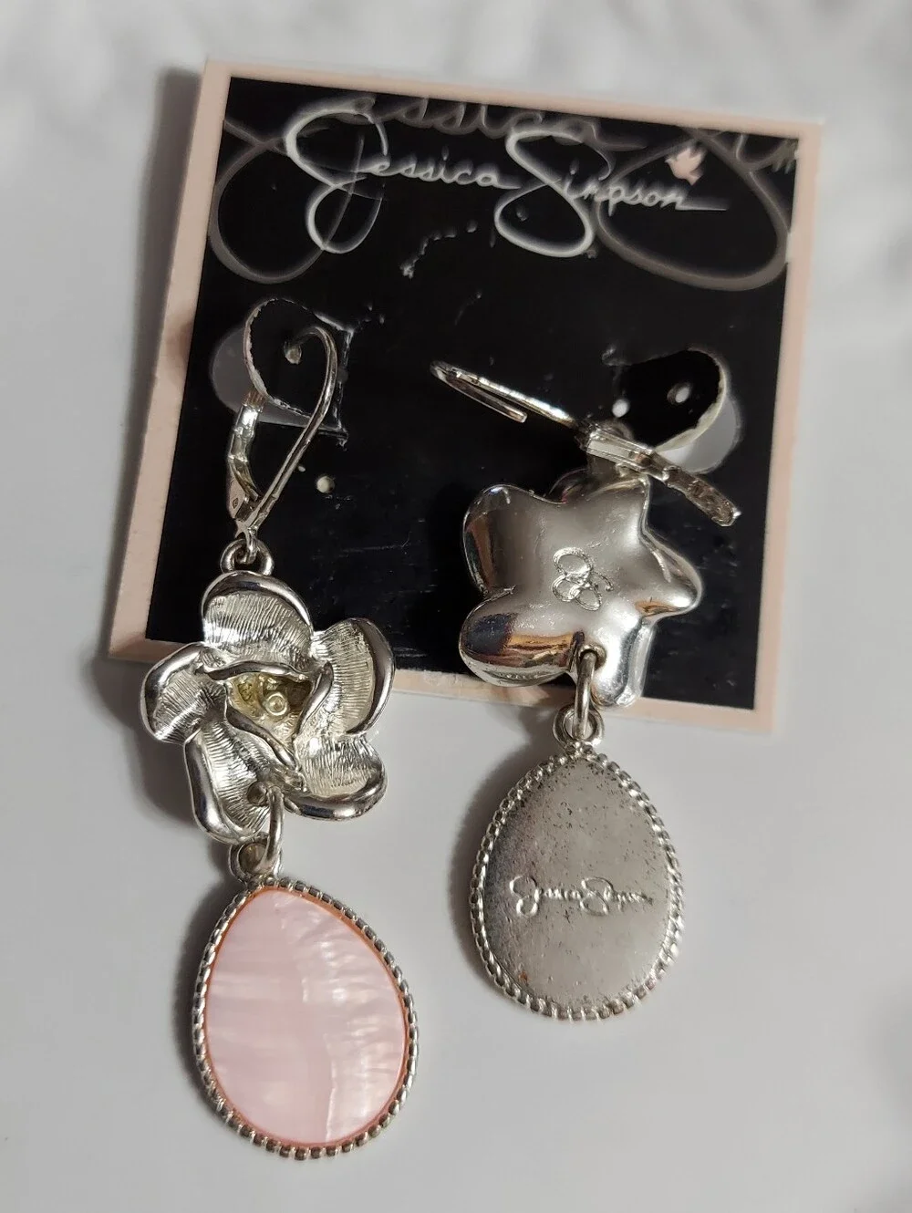 Jessica Simpson/Textured Silver Rose w/Oval Framed Faux Pink Shell Drop Earrings
